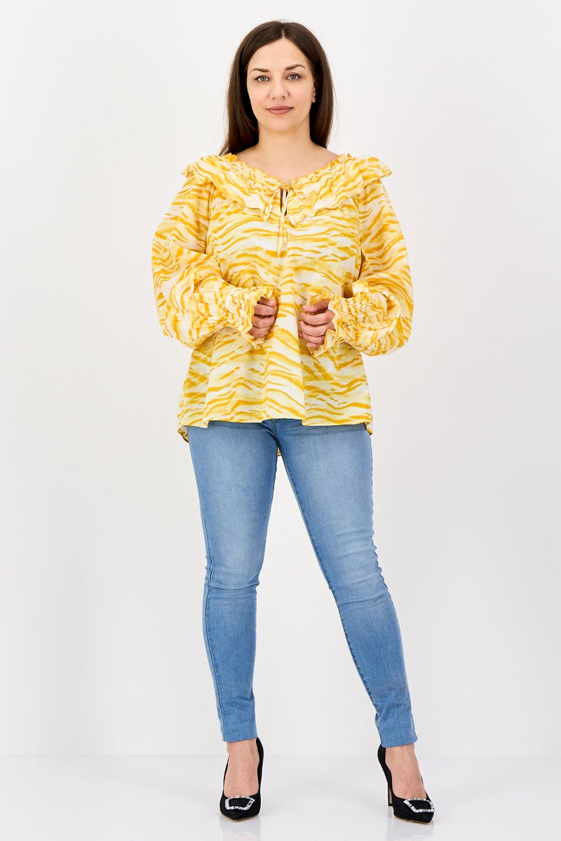 INC Women Ruffle Neck Long Sleeve Animal Print Blouse, Yellow - Image 3
